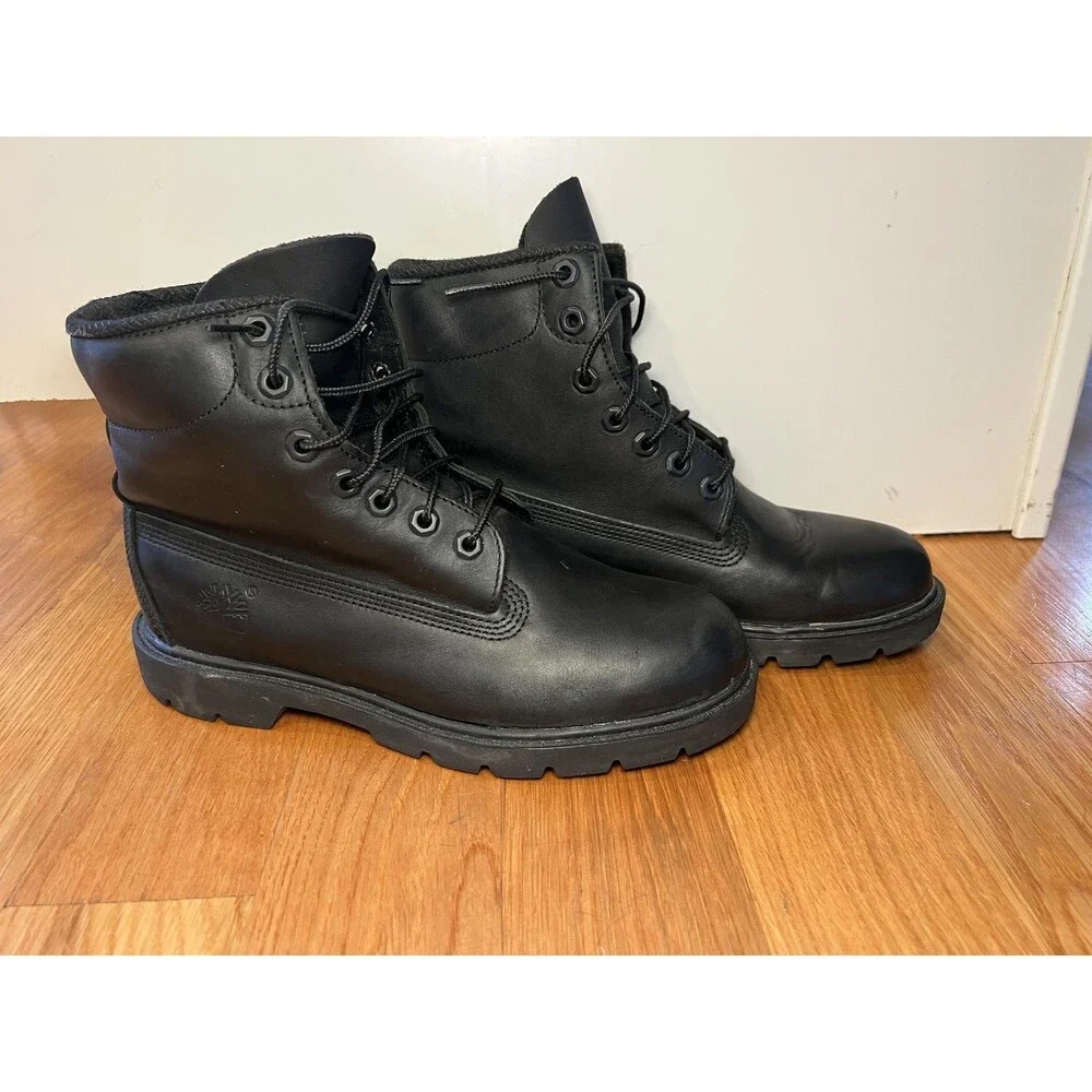 Timberland Boots Mens Size 7 Black Leather Lace Up Work Lug Sole Padded Collar